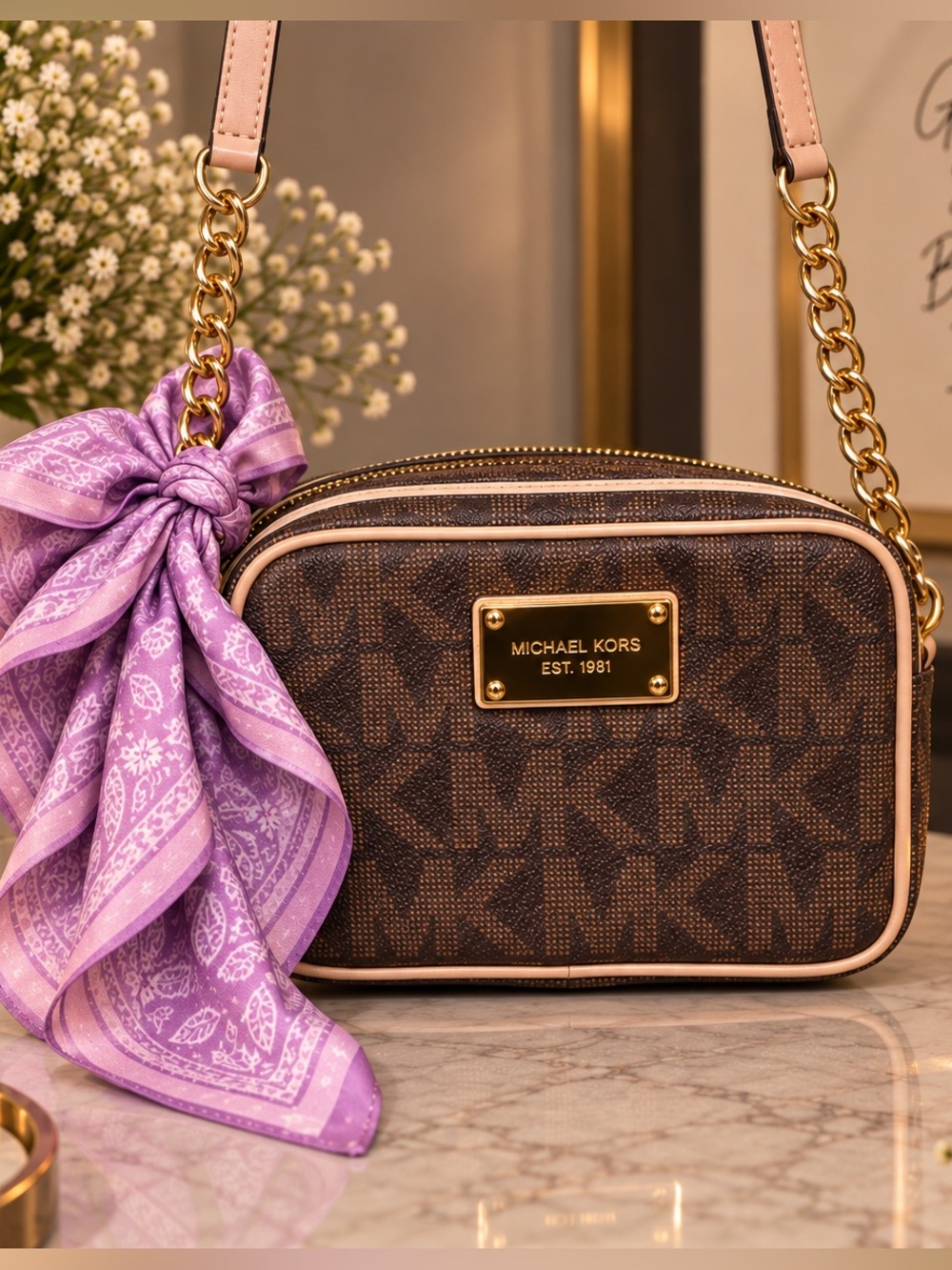 Michael Kors Brown Logo Crossbody with Pink Trim and Gold Chain